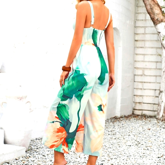 Coral Tropical Cutout Printed Wide Strap Jumpsuit - Picture 5 of 8